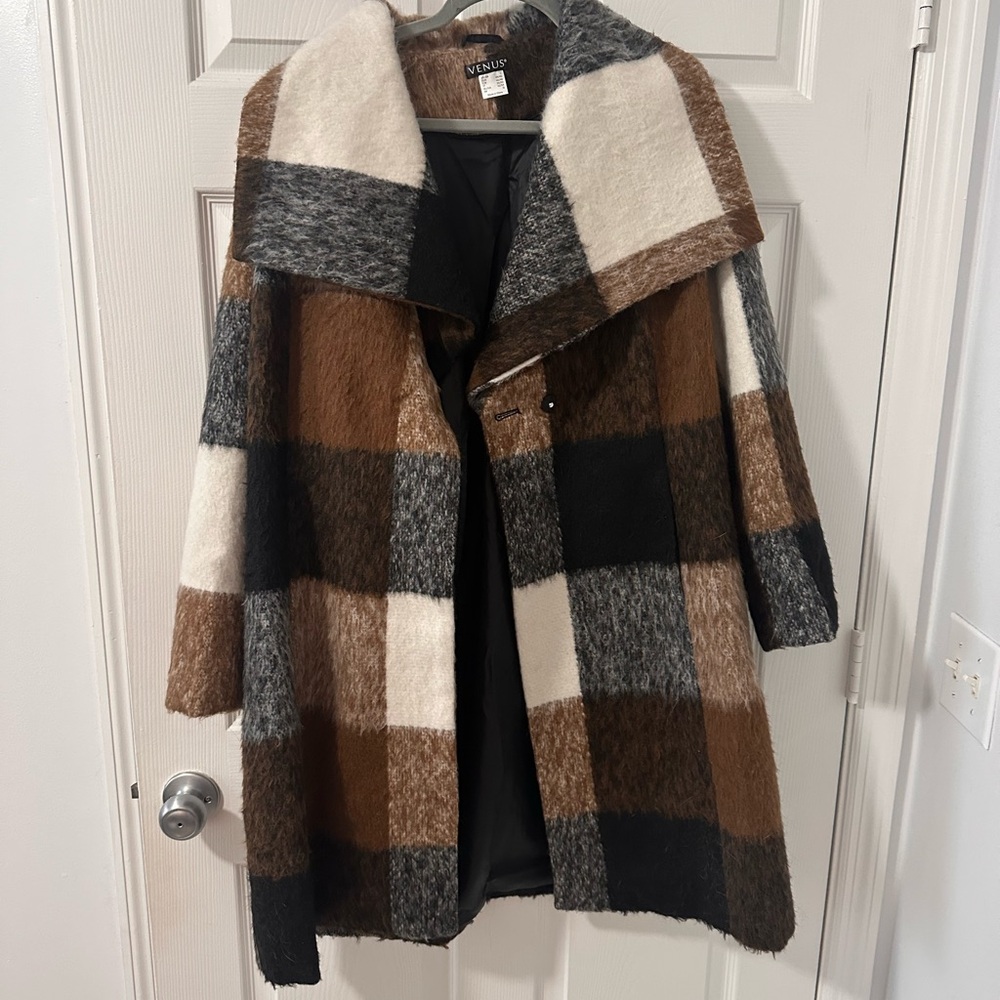 Women's Plaid Coat - Black, Brown, Cream